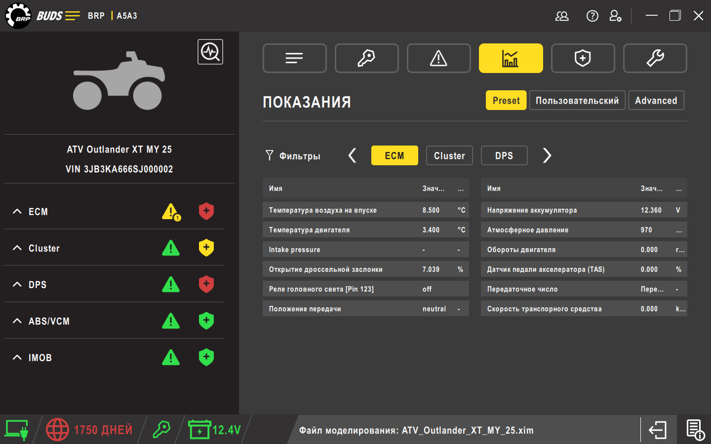 Показания датчиков техники